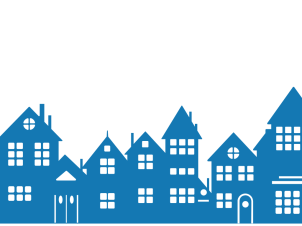 A graphic of varied homes side by side, in a light blue color.