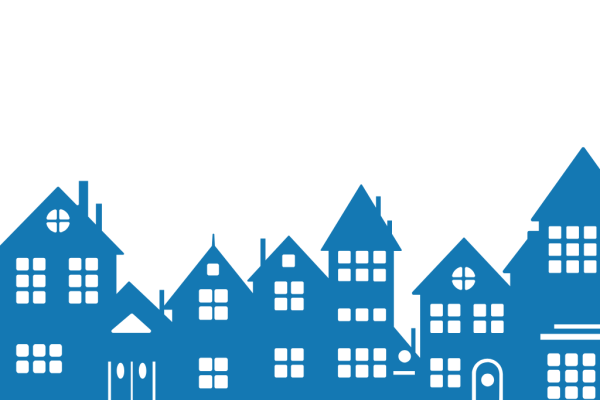 A graphic of varied homes side by side, in a light blue color.