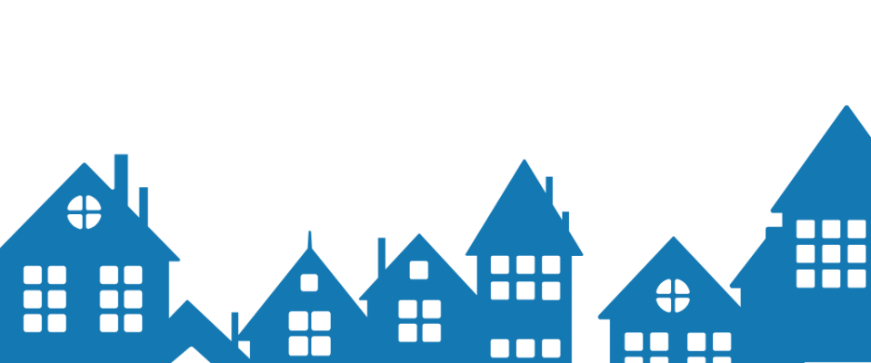 A graphic of varied homes side by side, in a light blue color.